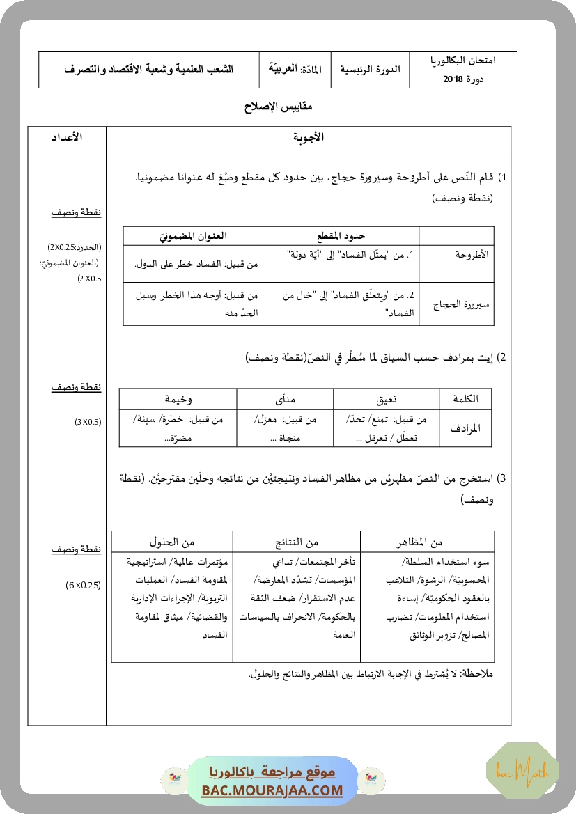 Corrigé principale arabe Bac 2018 – Section math
